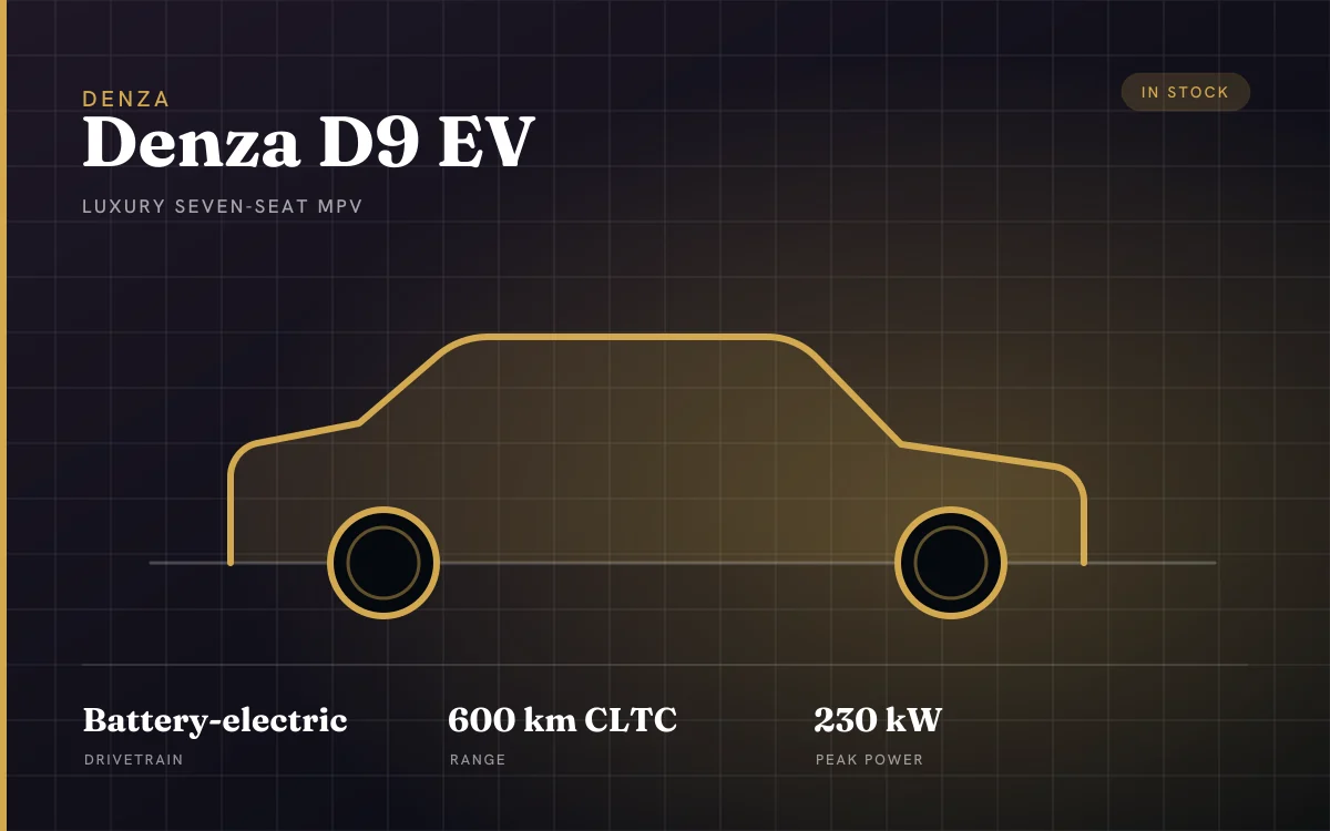 Denza D9 EV specification plate — luxury seven-seat mpv, Denza, exported from Shanghai